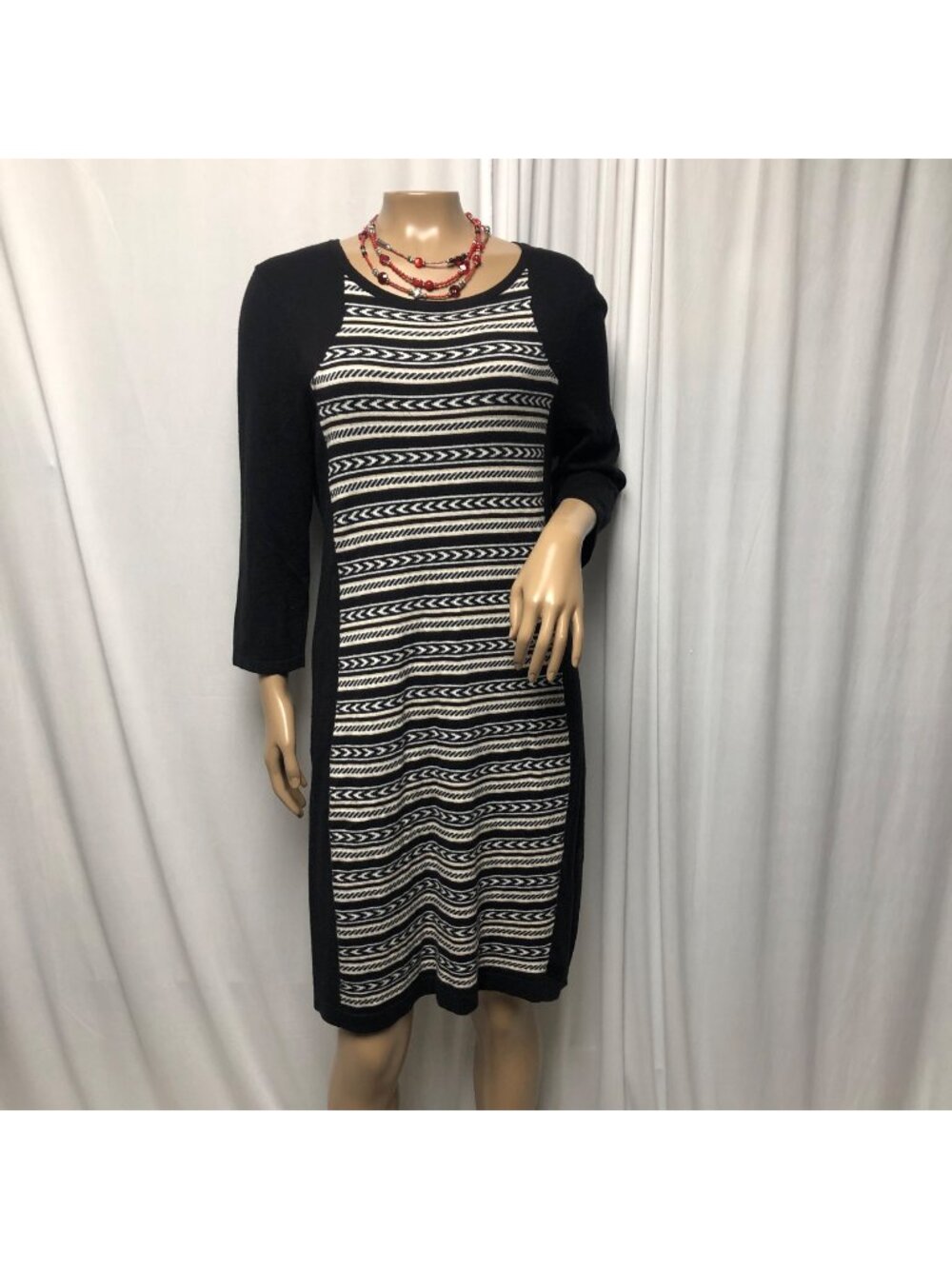 Cato Sweater Dress Womens Size Large Black White Patterned Knit Knee Length